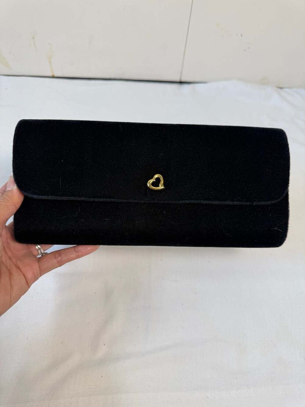 Vintage Victoria's Secret Black Velvet Clutch with Gold Heart Snap and Lining